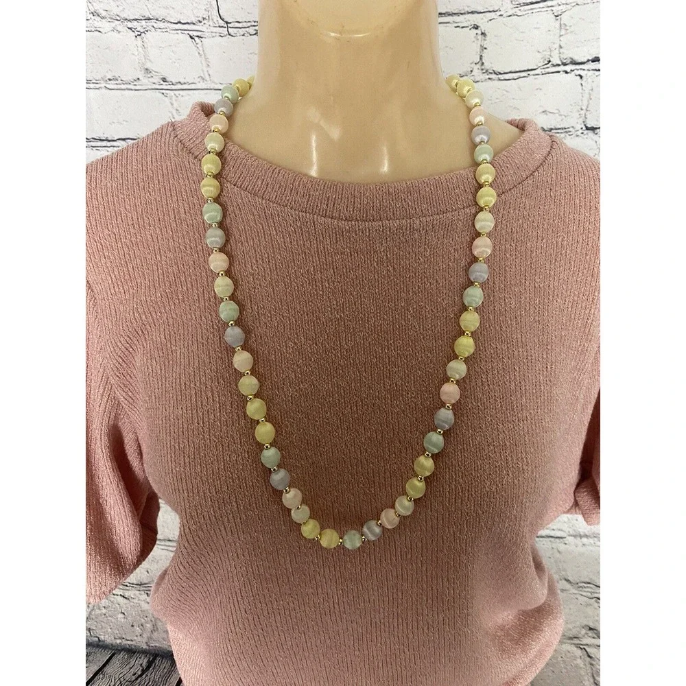 Vintage 1980's Satin Silk Thread Bead  Necklace Multicolor Pastel Beads